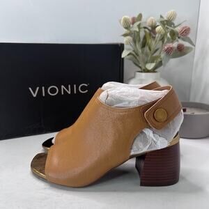 Vionic Valencia Leather Chunky Heeled Sandal Block Heel Tan Women's 7 NWB